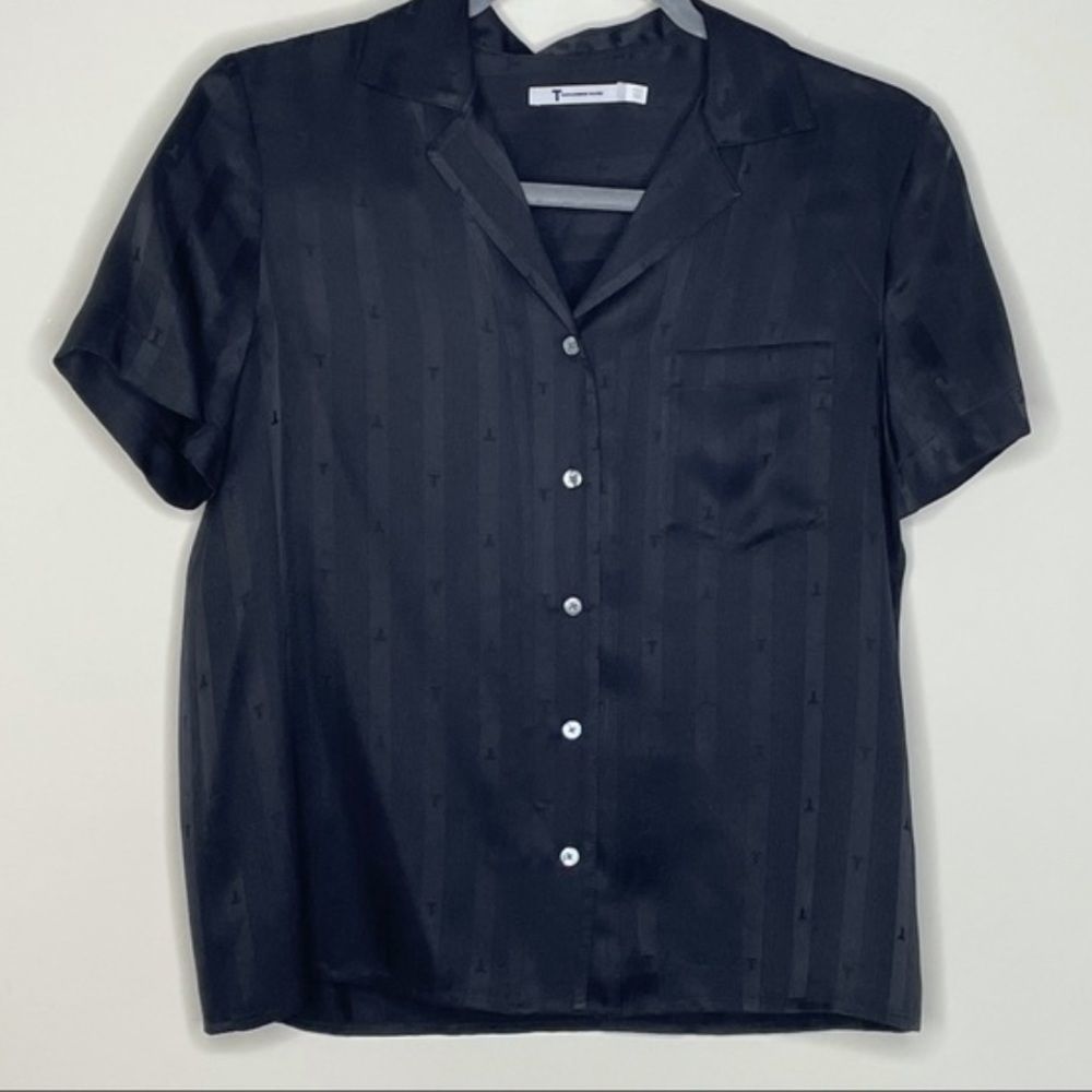 T by Alexander Wang | Monogram Button down collar top | 100% Silk | sz 0 | Black